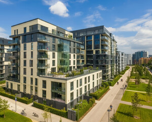 Modern apartment buildings in a green residential area in the city. Environmentally friendly sustainable construction concept. Future real estate ideas.