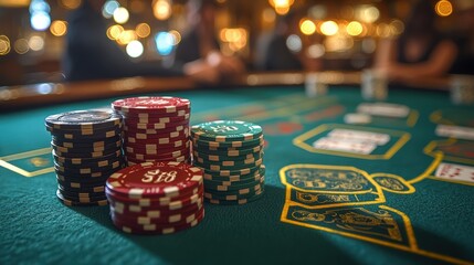 Casino gambling chips on green table with bokeh background