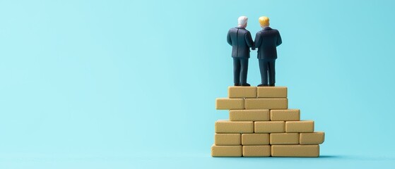 Two miniature figures in suits stand on a stack of gold bricks against a light blue background, symbolizing partnership and success.