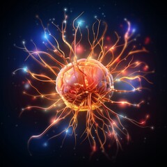 Poster - A vibrant representation of a neural cell illuminated in a dark setting, showcasing glowing extensions that mimic the structure of dendrites.