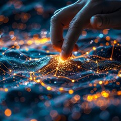 Poster - A hand reaches out to touch a sparkling network map, illuminated by vibrant orange lights. The intricate design symbolizes digital connections and data flow in a technological landscape.