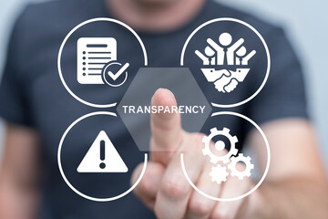 Wall Mural - man working on virtual touch screen presses text: transparency. business finance transparency concep