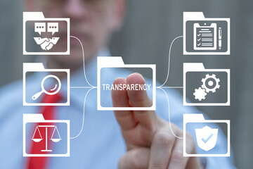 Wall Mural - business man using virtual touch screen presses word: transparency. business finance transparency co
