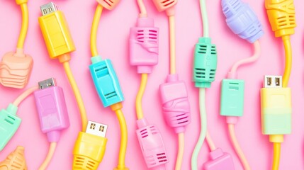 Poster - Colorful Cables and Connectors on a Pink Background