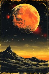 Wall Mural - In this surreal setting, a massive orange moon dominates the sky above a rocky terrain. Distant planets can be seen, with a starry backdrop highlighting the vastness of space during dusk.