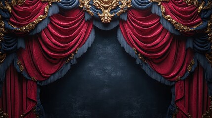 Red velvet curtain on a black background with copy space