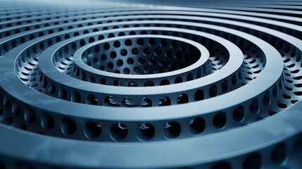 Poster - This artwork displays a detailed view of concentric circular metal patterns with perforations, emphasizing a modern design aesthetic and depth with contrasting shades of dark hues.