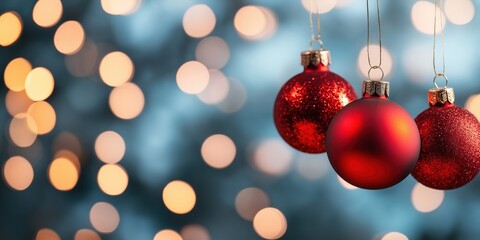 Closeup view of Christmas baubles against a bokeh background 