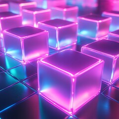 Wall Mural - A vibrant arrangement of glowing cubes on a reflective surface, creating an immersive visual experience.