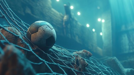 A Soccer Ball Resting on a Netting, Covered in Dust and Illuminated by Blue Lights