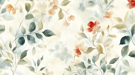 Canvas Print - Delicate watercolor floral pattern with soft greens and warm tones on a light background perfect for home decor