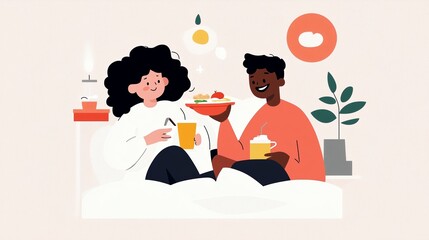 Couple enjoying a cozy breakfast together in a bright, cheerful living room with delicious food and drinks