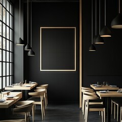 design minimal japanese restaurant empty wood frames ,black wall , washi lamps,ar