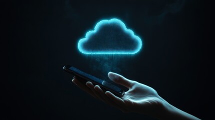 Fototapete - Hand Holding Smartphone with Holographic Cloud Symbol