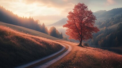 Wall Mural - serene autumn landscape featuring a solitary red tree at sunset in the rolling hills of the countrys