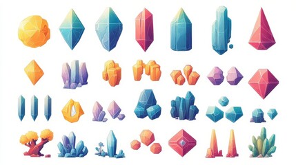 Poster - Minimalist Flat Low Poly Cell Game Divider Icons Sprite Sheet on White Background with Playful Toyism Imagery