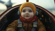 © SB4 GM - Baby in an airplane cockpit, wind blowing scarf, propeller spinning fast in action
