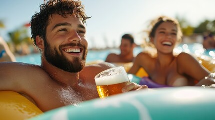 A group of friends laughing and relaxing at a poolside gathering, showcasing the joy and companionship experienced on sunny days by sparkling water.