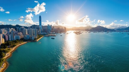 A stunning sunny aerial view captures a city skyline with skyscrapers and a bustling harbor filled with boats, framed by a blue sky with scattered clouds.