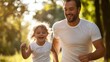 © LifeMedia - A lively image of a father and daughter running joyously in a sunlit park, capturing the essence of family bonding, happiness, and youthful energy.