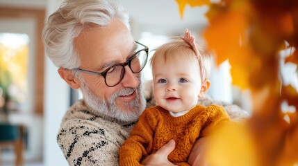 A loving grandfather is holding his smiling baby grandchild indoors, surrounded by vibrant autumn leaves, symbolizing warmth, love, and intergenerational bonding.