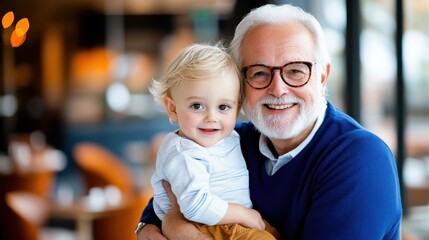 A joyful grandfather wearing glasses and a blue sweater holds his smiling baby grandchild, creating a heartwarming moment in a warmly lit, cozy cafe environment.