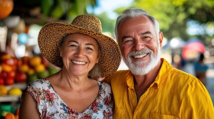 A happy couple enjoys a day at a market, dressed in vibrant summer attire, embracing a love for life's simple pleasures, happiness, and companionship.