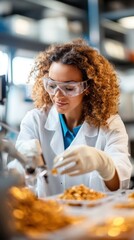 A focused female scientist in protective goggles examines samples in a modern lab, showcasing the precision and care involved in scientific research.