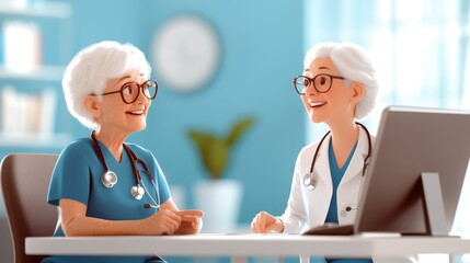 two cartoonish female doctors sit conversing in a well-lit office setting with bright teal walls, ex