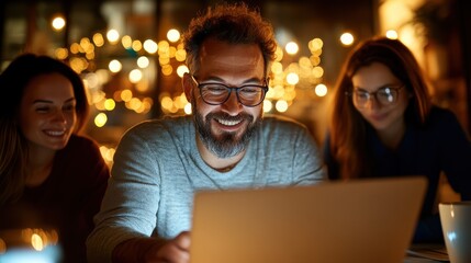 A cheerful man wearing glasses works on his laptop with two colleagues, surrounded by ambient lighting, showcasing teamwork and collaboration in a cozy atmosphere.