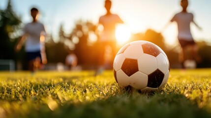 A soccer ball captures attention in the foreground while children in casual attire chase it on a sunny field, radiating the energy and spirit of a playful childhood.