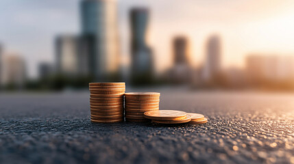 Stacks of coins on city street with blurred skyline in background, symbolizing wealth and investment opportunities.