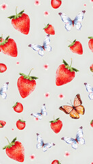 Seamless pattern of watercolor strawberries and butterflies isolated with white highlights, png