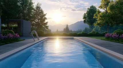 Wall Mural - serene sunset view over a tranquil swimming pool surrounded by lush greenery and mountains at dusk