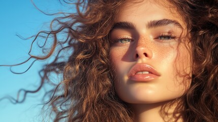 Wall Mural - A young woman with curly hair smiles against a clear blue sky in a sunlit outdoor setting during golden hour