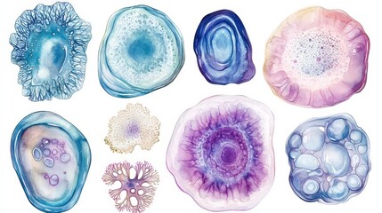Poster - Eukaryotic Cell in Pastel Watercolor: Set of 4 Abstract Clipart on White Background