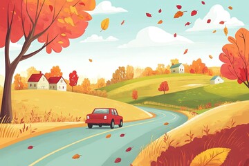 Poster - a red car driving down a country road