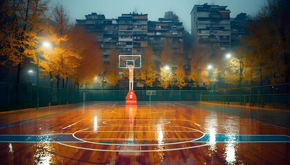 Canvas Print - Rainy evening on outdoor basketball court, shimmering reflections under lights with autumn trees and urban buildings in the background