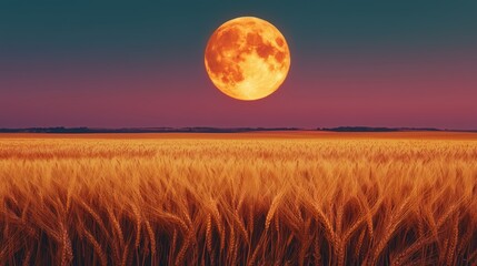 Poster - A glowing full moon rises over a golden wheat field at dusk, casting an ethereal light across the landscape in late summer