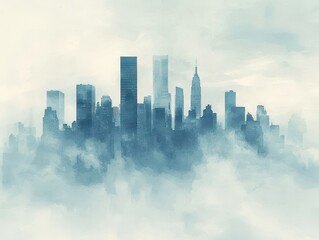 Sticker - Abstract city skyline in blue tones emerging from soft mist clouds.