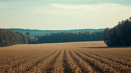 Sticker - A vast agricultural landscape with meticulously plowed fields under a clear blue sky near a dense forest during late afternoon