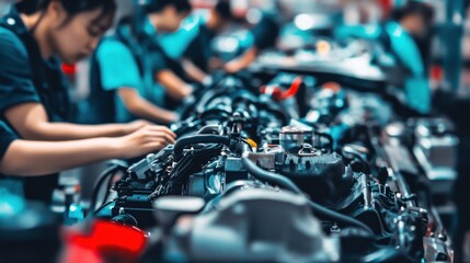 Poster - Worker Examining Car Engine in Factory
