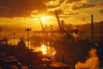 Sunset over busy port with cranes and cargo ships silhouetted against sky