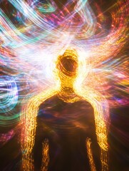 Poster - a figure amid vibrant light trails illustrates an ethereal experience of creativity in a dark enviro