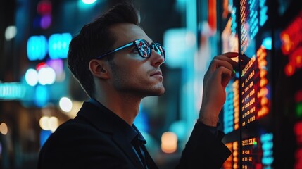 Poster - Man in Glasses Studying a Stock Ticker at Night