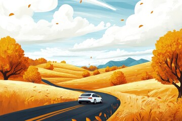 Wall Mural - a painting of a car driving down a country road