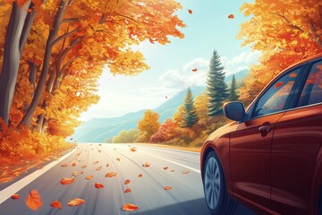 Wall Mural - a red car driving down a road surrounded by trees