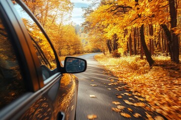 Poster - a car driving down a road in the fall