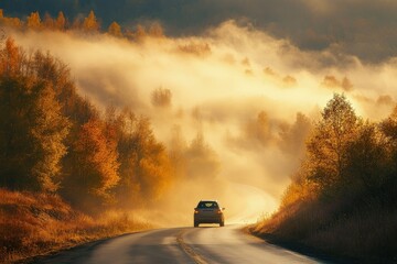 Poster - a car driving down a road surrounded by trees