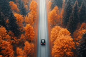 Poster - a car driving down a road surrounded by trees